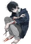  1boy :| bags_under_eyes bandaid bandaid_on_arm barefoot black_eyes black_hair blue_jacket closed_mouth collared_shirt expressionless full_body grey_vest hand_on_own_arm highres holding holding_scissors jacket knees_up looking_to_the_side male_focus original scissors self-harm shirt short_hair sini_user solo squatting vest white_shirt wrist_cutting 