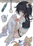  1girl aegyo_sal bandaid bandaid_on_arm bandaid_on_knee bandaid_on_leg black_eyes black_hair blood blue_nails cat_hair_ornament cigarette_pack crop_top cuts flustered full_body hair_ornament highres injury kneehighs looking_to_the_side noose one_side_up original razor_blade self-harm socks solo thigh_cutting watakushi_36 white_socks wrist_cutting 