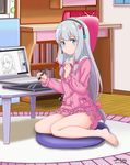  artist_name barefoot bedroom blush bow closed_mouth collarbone commentary_request computer dated desk drawing eromanga_sensei frills grey_hair hair_bow headset highres holding indoors izumi_sagiri laptop long_hair long_sleeves low-tied_long_hair nihility pajamas pink_bow signature sitting smile solo stylus thighs wariza 