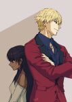  1boy 1girl back-to-back blonde_hair brown_eyes brown_hair commentary_request dark-skinned_female dark_skin dress elbow_gloves fate/strange_fake fate_(series) gilgamesh_(fate) gloves half_updo highres jacket jewelry long_hair necklace profile red_eyes shirt short_hair smile tine_chelc tj_rkgk upper_body 