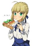  ahoge artoria_pendragon_(all) blonde_hair blue_ribbon blue_skirt blush braid closed_mouth commentary doushimasho eating fate/stay_night fate_(series) food food_on_face french_braid green_eyes hair_ribbon high-waist_skirt highres holding holding_food hot_dog looking_at_viewer ribbon saber shirt sidelocks simple_background skirt solo translated white_background white_shirt 