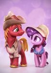  2017 assasinmonkey big_macintosh_(mlp) clothed clothing cutie_mark duo earth_pony equine eye_contact female feral freckles friendship_is_magic hair hat horn horse male mammal my_little_pony pink_background pony simple_background smile sugar_belle_(mlp) unicorn 