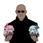  1boy 2girls bald black_shirt blue_eyes blue_hair chibi dark-skinned_male dark_skin honkai_(series) honkai_impact_3rd horns liliya_olenyeva lizard_tail long_hair morpheus_(the_matrix) multiple_girls nabeiro_kin pink_hair purple_eyes rozaliya_olenyeva scene_reference shirt siblings simple_background single_horn sisters sunglasses tail the_matrix twins very_long_hair white_background 