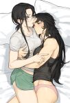  alternate_costume alternate_hairstyle black-framed_eyewear black_hair black_tank_top blush breasts closed_mouth contemporary cowboy_shot cuddling curtained_hair furrowed_brow genderswap genderswap_(mtf) glasses green_eyes green_shorts groin hand_on_another's_chest highres hug leg_between_thighs long_hair looking_at_another low_ponytail luo_binghe lying medium_breasts mimimonono nose_blush on_bed on_side panties parted_bangs parted_lips pillow pink_panties ponytail red_eyes renzha_fanpai_zijiu_xitong shadow shen_yuan shirt short_shorts short_sleeves shorts straight_hair sweatdrop t-shirt tank_top underwear v-shaped_eyebrows very_long_hair white_background white_shirt wolf_cut yuri 