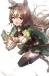  1girl absurdres animal_ears ascot black_thighhighs blush braid breasts brown_ascot brown_eyes brown_hair commentary double-parted_bangs dress ear_ornament frills green_dress green_jacket hair_between_eyes half_up_braid high-low_skirt highres horse_ears horse_girl jacket kioroshin large_breasts long_hair long_sleeves looking_at_viewer multicolored_hair open_mouth satono_diamond_(natural_brilliance)_(umamusume) satono_diamond_(umamusume) sleeves_past_fingers sleeves_past_wrists smile solo standing standing_on_one_leg streaked_hair thighhighs umamusume untranslatable_commentary very_long_hair 