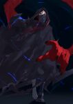  1girl absurdres black_hair black_robe fate/strange_fake fate_(series) full_body highres hooded_robe looking_at_viewer medium_hair mouth_veil neko_no_kedama no_name_assassin_(fate) parted_bangs red_eyes robe solo veil 
