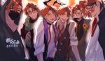  6+boys black_hair black_hoodie black_mask buttons clothes_writing collared_shirt commentary fangs flower glasses gradient-tinted_eyewear green_scarf grey_shirt grin heterochromia highres holostars hood hood_up hoodie lapels male_focus mask mole mole_under_eye mouth_mask multicolored_hair multiple_boys multiple_persona necktie official_alternate_costume one_eye_closed open_clothes open_mouth open_vest orange_eyes orange_flower orange_hair orange_necktie partially_unbuttoned purple_eyes red_necktie round_eyewear san_3_t scarf shawl_lapels shirt sleeves_past_wrists sleeves_rolled_up smile suit tinted_eyewear unbuttoned unbuttoned_shirt undone_necktie upper_body vest virtual_youtuber waistcoat white_shirt yukoku_roberu yukoku_roberu_(1st_costume) yukoku_roberu_(5th_costume) yukoku_roberu_(6th_costume) yukoku_roberu_(fall/winter) 