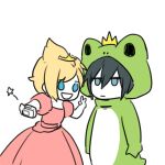  2boys animal_hood black_hair blonde_hair blue_eyes camera chibi cosplay crossdressing crown dress frog_hood holding holding_camera hood kigurumi luminous_slime mini_crown multiple_boys noctis_lucis_caelum pink_dress prompto_argentum selfie smile spiked_hair taking_picture white_background 