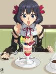  1girl belt_buckle black_gloves black_hair black_shirt blue_eyes bow buckle cherry coffee coffee_mug collared_shirt couch cup drinking_glass elbow_gloves english_commentary fingerless_gloves food fork fruit gloves hair_bow highres holding holding_spoon ice_cream indoors kiwi_(fruit) kiwi_slice kosuke_ida looking_at_food medium_hair melon melon_slice mug nageki_no_bourei_wa_intaishitai neck_ribbon on_couch open_mouth parfait parfait_glass plate red_bow red_ribbon restaurant ribbon saucer shirt signature sitting sleeveless sleeveless_shirt smile solo spoon steam strawberry strawberry_slice table tino_shade twitter_username white_shirt 