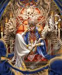  artist_request bone brown_hair candle cape closed_eyes crown cygames flower gold_trim official_art prince_catacomb rose shadowverse shingeki_no_bahamut sitting skeletal_leg skeleton skull smoke staff throne 