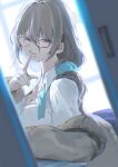  1girl akane_(blue_archive) akane_(school_uniform)_(blue_archive) black-framed_eyewear blue_archive blue_scrunchie blush breasts brown_cardigan brown_eyes brown_hair brown_halo cardigan cardigan_partially_removed cleavage commentary finger_to_mouth glasses hair_between_eyes hair_ornament hair_scrunchie halo hand_up highres index_finger_raised koyuuuuuuuuuuu large_breasts long_hair long_sleeves looking_at_viewer neck_ribbon official_alternate_costume parted_lips partially_unbuttoned ribbon school_uniform scrunchie shirt shushing solo undone_neck_ribbon white_shirt 