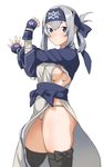  ainu_clothes bandana black_legwear blue_bandana blue_eyes breasts closed_mouth commentary_request covered_nipples cowboy_shot doushimasho folded_ponytail from_side kamoi_(kantai_collection) kantai_collection long_hair looking_at_viewer medium_breasts sideboob sidelocks silver_hair simple_background solo standing stretch thighhighs white_background 
