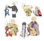  absurdres armor artoria_pendragon_(fate) blonde_hair blue_dress dress eva_0314 fate/extra fate/samurai_remnant fate/stay_night fate/strange_fake fate_(series) gate_of_babylon_(fate) gilgamesh_(fate) gold_armor highres japanese_clothes nero_claudius_(fate) red_dress richard_i_(fate) saber_(fate) simple_background white_background yamato_takeru_(fate) 