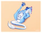 animal_genitalia animal_penis anus balls belly blue_body blue_fur butt canine_genitalia claws digital_media_(artwork) dragon ear_tuft feet feral fluffy fluffy_butt fluffy_tail fur genitals hi_res holding_leg horn legs_up looking_at_viewer lying male markings mouth_closed multicolored_body multicolored_fur mythological_creature mythological_scalie mythology neck_tuft noxeorn okifur on_back pawpads paws penis penis_tip presenting scalie sheath simple_background sketch smile solo tail tail_tuft teeth toes tuft white_belly white_body white_fur