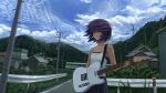  1girl absurdres an_yb bare_shoulders blue_skirt blue_sky bush camisole cloud cloudy_sky commentary day electric_guitar fender_telecaster floating_hair grass guard_rail guitar highres holding holding_instrument house instrument looking_afar looking_ahead mountain original outdoors parted_lips power_lines purple_eyes purple_hair road rural short_hair skirt sky solo tall_grass train transmission_tower tree untranslatable_commentary utility_pole white_camisole 
