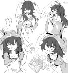 1girl :d animal_ears apron brushing_teeth closed_mouth dango dress food frills hair_between_eyes headscarf highres japanese_clothes kimono long_hair mifutatsu monochrome open_mouth rabbit_ears rabbit_girl seiran_(touhou) smile touhou translation_request variations wagashi yawning 