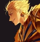  1boy armor black_background blonde_hair commentary_request earrings fate/stay_night fate_(series) gilgamesh_(fate) highres jewelry jia_06 korean_commentary open_mouth profile red_eyes short_hair simple_background smile upper_body 