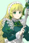  1girl apron blonde_hair breasts closed_mouth fire_emblem fire_emblem:_three_houses fire_emblem_heroes green_background green_eyes headdress ingrid_brandl_galatea ingrid_brandl_galatea_(cordial_teatime) long_hair long_sleeves looking_at_viewer maid maid_apron maid_headdress medium_breasts official_alternate_costume oversized_spoon smile solo white_apron yomiko_(61549392) 