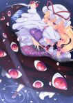  1girl arm_up black_socks blonde_hair blush boots bow breasts brown_boots commentary_request dress dutch_angle falling_petals flame_print folding_fan frilled_dress frills full_body gap_(touhou) hair_between_eyes hair_bow hand_fan hari_tokei hat hat_ribbon highres holding holding_fan large_breasts leg_up long_hair long_sleeves mob_cap parted_lips petals pink_petals purple_eyes purple_tabard purple_theme red_bow red_ribbon ribbon socks solo standing standing_on_one_leg tabard touhou water white_dress white_hat white_petals wide_sleeves yakumo_yukari yin_yang yin_yang_print 