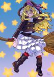  1girl absurdres black_boots black_jacket blonde_hair boots bow braid broom broom_riding commentary commission forbidden_scrollery full_body gloves grin hair_bow hat hat_bow highres jacket kirisame_marisa long_hair long_sleeves official_alternate_costume pandawei pantyhose pixiv_commission purple_bow red_gloves red_pantyhose side_braid signature single_braid smile solo star_(symbol) touhou witch_hat yellow_eyes 