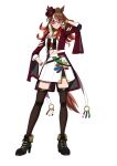  1girl absurdres animal_ears black_shirt black_shoes black_shorts black_thighhighs blush breasts brown_hair chain_necktie choker commentary_request ears_through_headwear fedora forever_young_(racing)_(umamusume) forever_young_(umamusume) full_body green_choker green_eyes grin hand_on_own_hip hat highres horse_ears horse_girl jacket jewelry long_hair looking_at_viewer midriff multicolored_hair necktie oekaki_champion open_mouth purple-tinted_eyewear red-tinted_eyewear red_jacket red_streaks shirt shoes shorts shorts_under_skirt simple_background skirt smile solo streaked_hair sunglasses teeth thighhighs tinted_eyewear umamusume white_background white_necktie white_skirt white_streaks 