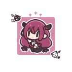  1girl bloom_(irys) blue_eyes blush_stickers border chibi chibi_only closed_mouth commentary decrilus english_commentary full_body gloom_(irys) heterochromia highres hololive hololive_english irys_(hololive) long_hair multicolored_hair outline outside_border pink_eyes pointy_ears red_background red_hair red_streaks sidelocks simple_background smile solo streaked_hair virtual_youtuber white_border white_outline 