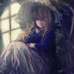  alternate_costume blonde_hair dress feet_out_of_frame hat highres kayako_(tdxxxk) kirisame_marisa long_hair looking_at_viewer sitting solo touhou veil victorian window yellow_eyes 