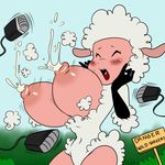  2016 anthro big_breasts blush breasts caprine colored digital_media_(artwork) electric_razor english_text eyes_closed female huge_breasts lactating leggy_lamb lonbluewolf mammal milk navel nipples open_mouth sheep sheep_wrecked sign simple_background text tongue wide_hips 