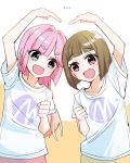  2girls anyoji_hime anyoji_hime_(summer_loungewear) blonde_hair blue_eyes bob_cut brown_hair collarbone commentary copyright_notice eye_contact gradient_hair hair_intakes heart_arms heart_arms_duo highres inverted_bob kachimachi_kosuzu kanduki_kamibukuro link!_like!_love_live! long_hair looking_at_another love_live! matching_outfits merchandise multicolored_hair multiple_girls pink_eyes shirt short_hair short_sleeves sidelocks simple_background t-shirt upper_body virtual_youtuber white_shirt yellow_background 