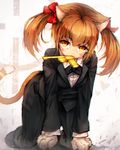  all_fours animal_ears brown_eyes brown_hair cat_ears cat_paws cat_tail golden_gun highres kajaneko looking_at_viewer mouth_hold paws short_hair solo tail twintails 