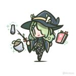  1girl black_dress black_hat black_pantyhose blush_stickers book ceres_fauna chibi chibi_only commentary decrilus dress english_commentary floating floating_book floating_object full_body green_hair hair_over_one_eye hat highres hololive hololive_english long_hair long_sleeves open_mouth pantyhose sapling_(ceres_fauna) simple_background solo standing standing_on_one_leg twitter_username virtual_youtuber white_background wide_sleeves witch_hat 