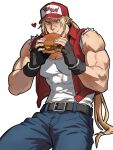  1boy baseball_cap bomber_jacket commentary denim fatal_fury fatal_fury_cap fingerless_gloves gloves hat highres jacket jeans male_focus muscular pants plasticcero99 ponytail solo terry_bogard torn_clothes torn_sleeves untranslatable_commentary 