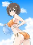  absurdres ahoge ass bikini blush_stickers brave_witches breasts brown_eyes brown_hair cowboy_shot day hair_ornament hairclip higezamurai_(kurage_gunsou) highres karibuchi_hikari looking_at_viewer medium_breasts orange_bikini short_hair side-tie_bikini solo swimsuit world_witches_series 