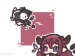  1girl bloom_(irys) blue_eyes blush_stickers border chibi chibi_only closed_mouth commentary decrilus english_commentary gloom_(irys) heterochromia hololive hololive_english irys_(hololive) long_hair multicolored_hair outline outside_border pointy_ears purple_eyes red_background red_hair red_streaks sidelocks smile solo streaked_hair twitter_username virtual_youtuber white_border white_outline 
