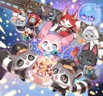  :d astral_express_(honkai:_star_rail) baseball_cap black_eyes black_hat blue_eyes box brown_eyes camera commentary_request cup dan_heng_(honkai:_star_rail) food galactic_baseballer_(honkai:_star_rail) gift gift_box hat highres himeko_(honkai:_star_rail) holding holding_camera holding_cup holding_saucer honkai:_star_rail honkai_(series) march_7th_(honkai:_star_rail) no_humans one_eye_closed parfait party_popper pink_eyes pixelated pom-pom_(honkai:_star_rail) red_hat sakurano_ru saucer shako_cap smile streamers sunday_(honkai:_star_rail) sunglasses train welt_yang 
