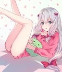  blue_eyes bow eromanga_sensei eyebrows_visible_through_hair hair_bow hanamei heart highres izumi_sagiri legs_up long_hair looking_at_viewer low-tied_long_hair lying on_back open_mouth pajamas red_bow red_pajamas red_ribbon red_shirt red_shorts ribbon shirt short_shorts shorts silver_hair simple_background solo very_long_hair white_background 