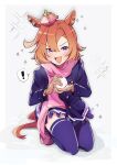  1girl absurdres amano_(amano_miko) animal_ears blue_coat blush brown_gloves buttons coat commentary_request crown double-breasted gloves hair_between_eyes highres holding holding_snowball horse_ears horse_girl horse_tail looking_at_viewer mini_crown open_mouth orange_hair orange_tail pink_crown pink_scarf purple_eyes purple_serafuku purple_skirt purple_thighhighs scarf school_uniform serafuku short_hair skirt smile snowball solo t.m._opera_o_(umamusume) tail thighhighs tracen_school_uniform tracen_winter_coat umamusume winter_clothes winter_coat winter_uniform 
