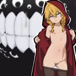  1girl absurdres black_pantyhose blonde_hair braid clothes_pull flat_chest gabu_(yomi_no_tsugai) highres hood hood_up jacket looking_at_viewer navel nipples panties panty_pull pantyhose pantyhose_pull petite pussy pussy_juice red_jacket smile solo stomach teeth twin_braids underwear undressing vleshdecay white_panties yomi_no_tsugai 