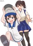  2girls black_hair black_thighhighs blue_hakama blue_sailor_collar bob_cut brown_eyes commentary_request creature_on_head daitou_(kancolle) dated dress hakama hakama_skirt hat highres japanese_clothes kaga_(kancolle) kantai_collection kimono kuchiku_i-kyuu multiple_girls open_mouth round_teeth running sailor_collar sailor_dress sailor_hat shiromaru_(maniado) short_hair short_sleeves simple_background skirt tasuki teeth thighhighs twitter_username upper_teeth_only white_background white_dress white_hat white_kimono 