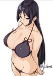  arms_behind_back bangs black_eyes black_hair blush breasts collarbone cowboy_shot fate/grand_order fate_(series) from_above from_side hips large_breasts long_hair minamoto_no_raikou_(fate/grand_order) navel obmas_(pfeito) parted_bangs pink_lips shiny shiny_hair shiny_skin sidelocks simple_background skindentation solo stomach string_bikini thighs twitter_username very_long_hair white_background 