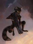  2017 anthro brown_fur clothed clothing fur guardians_of_the_galaxy gun loafyfloff male mammal marvel raccoon ranged_weapon rocket_raccoon solo weapon 