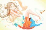  1girl absurdres bare_shoulders blonde_hair book braid braided_bangs commentary_request dress floating floating_book floating_hair floating_object full_body gakuen_idolmaster highres idolmaster long_hair looking_at_viewer orange_eyes partially_undressed shinosawa_hiro shoes solo sunfaded_(idolmaster) superhoikoro unworn_shoes 