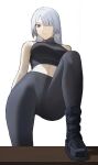  1girl abs absurdres ak-15_(girls'_frontline) artificial_eye bare_shoulders black_boots black_pants black_shirt blunt_bangs boots breasts commentary covered_collarbone crop_top foot_on_table girls'_frontline girls'_frontline_2:_exilium grey_hair hair_between_eyes hair_over_one_eye highres large_breasts long_hair looking_at_viewer lynx_aidenn mechanical_eyes midriff pants parted_lips purple_eyes red_pupils shadow shirt sidelocks simple_background single_mechanical_eye sleeveless sleeveless_shirt solo standing table turtleneck turtleneck_shirt variant_set voymastina_(girls'_frontline_2) white_background 