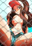  arm_support artist_logo avamon bare_arms bare_legs bare_shoulders baseball_cap biting blue_eyes blurry blush breasts breasts_apart brown_hair chain-link_fence collarbone cutoffs denim denim_shorts depth_of_field fence flashing hand_up hat head_tilt highres horizontal_stripes lip_biting long_hair looking_at_viewer medium_breasts naughty_face navel nipples no_bra no_shirt one_breast_out open_clothes open_fly open_shorts open_vest panties parted_lips pokemon pokemon_(game) pokemon_bw seductive_smile short_shorts shorts sitting smile solo spread_legs stomach striped striped_panties touko_(pokemon) underwear unzipped vest watermark zipper 