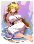  1girl absurdres ass barefoot black_hairband blonde_hair commentary dress frilled_dress frilled_sleeves frills full_body hair_ornament hairband highres jusnjuans long_hair puffy_short_sleeves puffy_sleeves shell shell_hair_ornament short_sleeves sitting solo toes touhou very_long_hair watari_nina white_dress yellow_eyes 