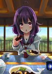  :o absurdres ahoge amagami_(makise_tsubaki) animal_print apron bangs blush bowl chestnut_mouth cup feeding fish_print foreshortening hair_flaps highres incoming_food jewelry kantai_collection long_sleeves looking_at_viewer magatama mug neckerchief necklace open_mouth pink_eyes plate pov_feeding purple_hair railing red_eyes revision rice rice_bowl ring sidelocks solo strap_slip taigei_(kantai_collection) upper_body whale_print 