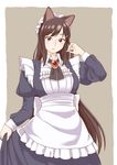  alternate_costume animal_ears apron bangs beige_background blue_dress blush breasts brooch brown_hair collared_shirt commentary_request cowboy_shot dress enmaided eyebrows_visible_through_hair frilled_apron frills hair_ornament hairclip hand_in_hair imaizumi_kagerou jewelry large_breasts long_hair long_sleeves looking_at_viewer maid maid_cap parted_lips pink_lips poronegi puffy_long_sleeves puffy_sleeves red_eyes reflective_eyes ribbon shiny shiny_hair shirt sidelocks simple_background skirt_hold solo sweatdrop swept_bangs touhou very_long_hair waist_apron wolf_ears 
