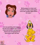 accessory anatomically_correct anatomically_correct_genitalia belle_(beauty_and_the_beast) bodily_fluids bow_ribbon canid canine canis collar comic disney domestic_dog dripping duo english_text erection everfire female female_human feral footprint genital_fluids genitals hair_accessory hair_bow hair_ribbon hi_res human male male/female mammal narration pawprint pawprint_pattern pink_background pluto_(disney) precum precum_drip ribbons saliva saliva_on_tongue simple_background tail text thin_tail tongue tongue_out watermark yellow_body