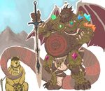  armor bear bound clothing dragon dramamine drooling loincloth long_tail male mammal melee_weapon moobs overweight predator/prey saliva size_difference sword tattoo thick_tail weapon 