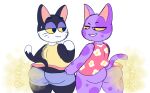 2017 animal_crossing anthro big_butt black_body bob_(animal_crossing) bodily_fluids bottomless bottomless_male bottomwear bottomwear_pull butt butt_cleavage butt_focus clothed clothing clothing_pull digital_drawing_(artwork) digital_media_(artwork) dipstick_tail domestic_cat drawful-s duo fart fart_cloud fart_fetish featureless_hands felid feline felis floral_print hi_res hotpants lidded_eyes looking_at_another looking_at_another's_butt looking_at_butt male male/male mammal markings nintendo onomatopoeia pear-shaped_figure punchy_(animal_crossing) purple_body raised_tail rear_view shirt shorts shorts_pull simple_background smile smirk sound_effects spots spotted_body standing sweat sweatdrop tail tail_markings text thick_thighs topwear tuxedo_cat whiskers white_background wide_hips yellow_sclera